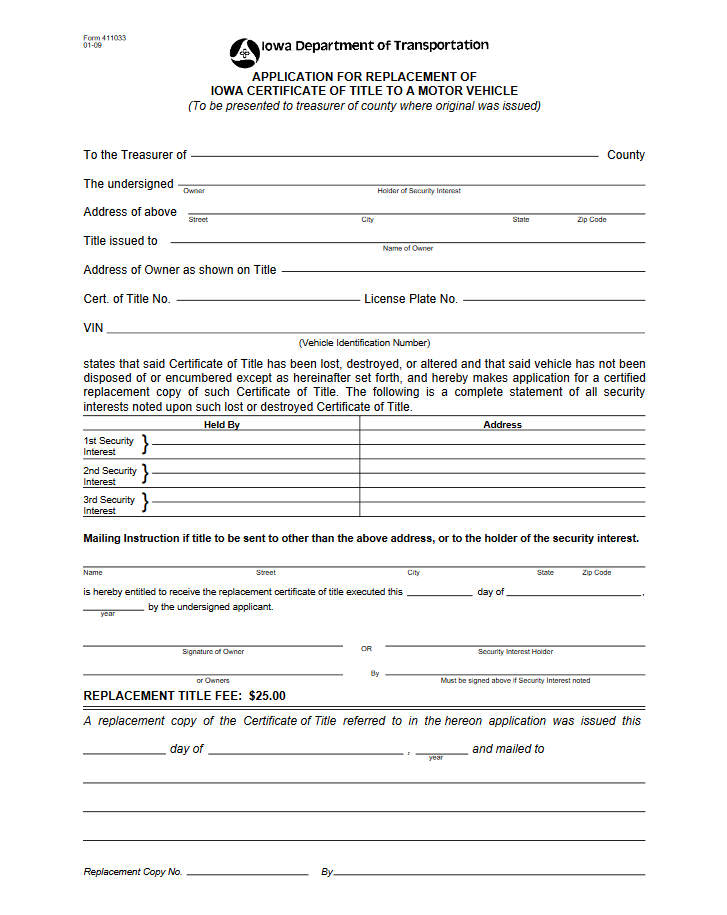 Sample Title Replacement Form of Iowa