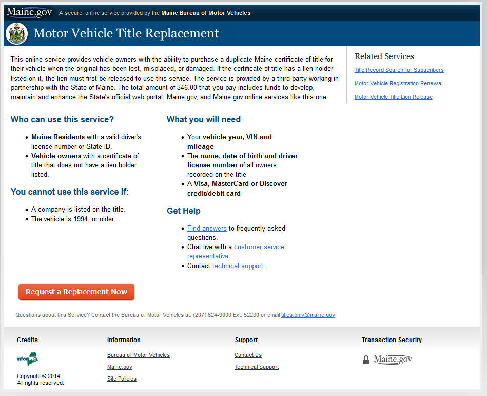 Sample Title Replacement Form of Maine