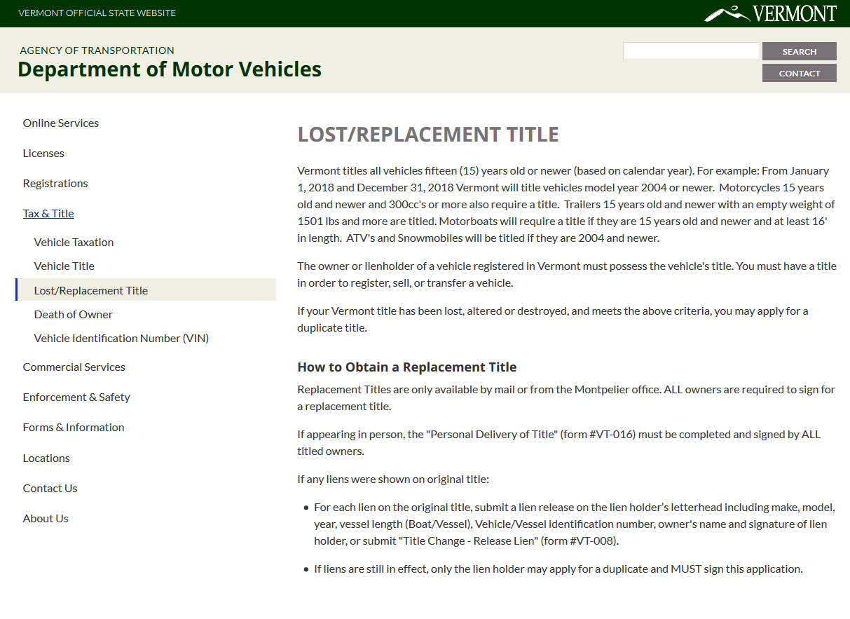 Sample Title Replacement Form of Vermont